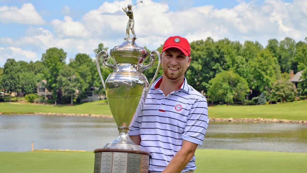 Guilford men's golf head coach Justin Tereshko captured the 57th N.C. Amateur Golf Championship title on Sunday by three strokes after rounds of 72, 70, 68, and 73 for a 5-under 283 at the River Run Country Club in Davidson, N.C. --- photo courtesy of the Carolinas Golf Association