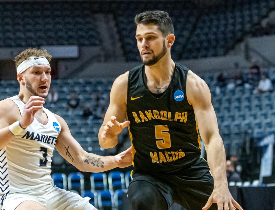 Buzz Anthony was one of four Yellow Jackets in double figures with 12 points to go with a game-best 11 assists in Randolph-Macon's 81-63 victory over Marietta College (Ohio) in the semifinals of the NCAA Division III Men's Basketball Tournament final series (photo credit: Frank Straus)