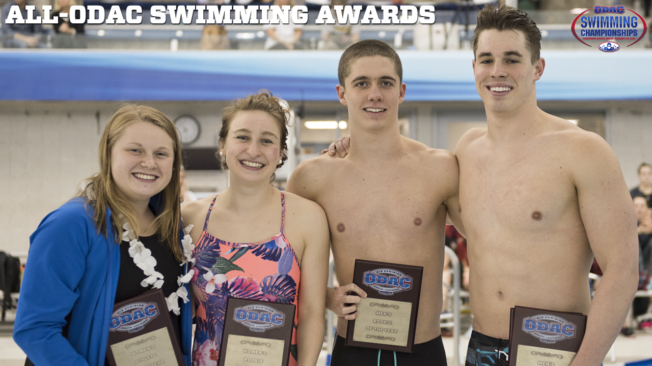 Emily Hageboeck (left), Mattie Grant (inside left), Patrick Sullivan (inside right), and Tommy Thetford (right) took home six combined major awards at the 2018 ODAC Swimming Championships.