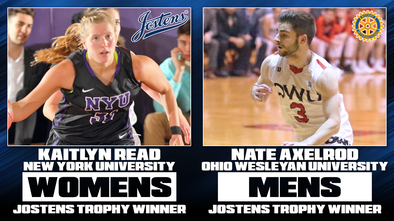 The 2018 winners of the Jostens Trophy awards -- Kaitlyn Read from NYU and Nate Axelrod from Ohio Wesleyan.