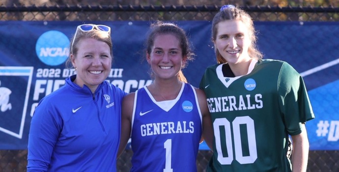 Head coach Gina Wills (left) earned the 100th win of her tenure at Washington and Lee in the Generals 3-0 victory over Ohio Wesleyan University in the first round of the 2022 NCAA Division III Field Hockey Tournament.