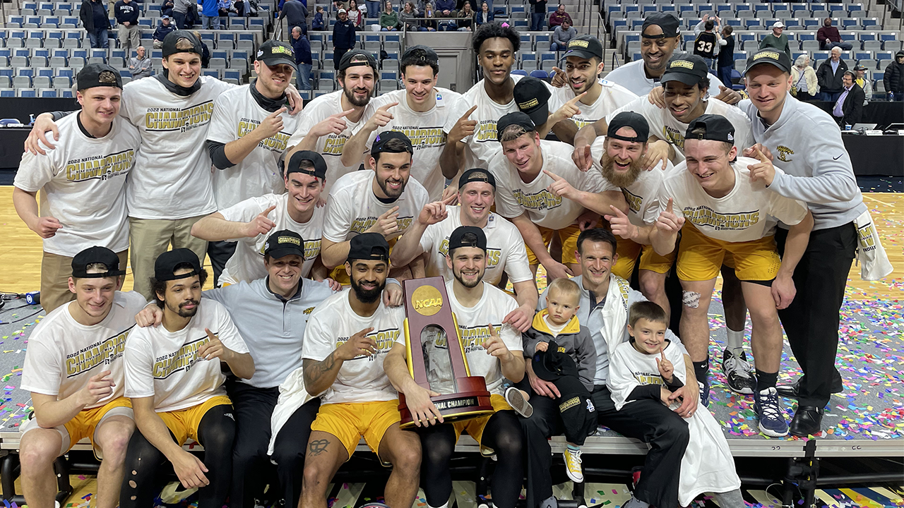 Randolph-Macon College men's basketball earn the first NCAA Division III title in school history with a 75-45 win over Elmhurst College on Saturday, March 18, at Allen County War Memorial Coliseum in Fort Wayne, Ind.