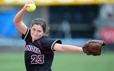 Roanoke righty Kelly Higbie won her third game of the tournament with a two-hit gem against host CNU in the regional round of the NCAA Division III Softball Tournament.